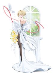 Rule 34 | 1girl, absurdres, alternate costume, bird, black pantyhose, blonde hair, bow, braid, braided bun, breasts, corset, dove, elbow gloves, evelyn chevalier, full body, gloves, hair bun, highres, huge bow, kkuni, large breasts, long legs, looking at viewer, looking back, pantyhose, purple eyes, short hair, sideboob, smile, solo, string, string of fate, white bow, white corset, white gloves, zenless zone zero