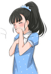 10s 1girl black_hair blush closed_eyes covering_own_mouth cum cum_on_body dress facial female_focus fukuyama_mai hand_on_mouth hand_over_own_mouth high_ponytail idolmaster idolmaster_cinderella_girls loli long_hair ponytail solo tears youkan