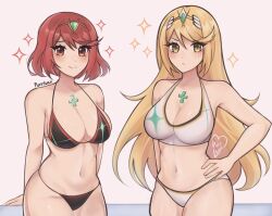 2girls arm_behind_back arms_behind_back artist_name bikini black_bikini blonde_hair blush breasts chest_jewel cleavage closed_mouth collarbone cowboy_shot eyebrows_hidden_by_hair hand_on_own_hip highres large_breasts long_hair looking_at_viewer luci_(purrlucii) multiple_girls mythra_(xenoblade) navel pyra_(xenoblade) red_eyes red_hair short_hair signature smile sparkle sparkle_background standing swept_bangs swimsuit tiara very_long_hair white_background white_bikini xenoblade_chronicles_(series) xenoblade_chronicles_2 yellow_eyes