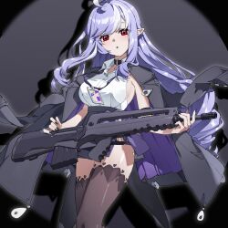 1girl :o assault_rifle black_jacket black_nails black_skirt black_thighhighs blush breasts bullpup famas gun highres holding holding_gun holding_weapon jacket jacket_on_shoulders long_hair looking_at_viewer open_mouth pointy_ears porcelainsphere purple_hair red_eyes rifle shirt sideboob sidelocks skirt sleeveless sleeveless_shirt solo thighhighs vivian_banshee weapon white_shirt zenless_zone_zero