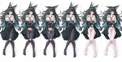 1girl animal_ear_fluff animal_ears aqua_jacket black_dress black_hair black_necktie black_pantyhose black_skirt blunt_bangs blush breasts butuo_(butuo13) collared_shirt cum cum_in_pussy cum_on_body cum_on_hair cum_on_stomach dress finger_to_mouth fox_ears fox_girl gauntlets highres hoshimi_miyabi jacket large_breasts long_hair lying necktie nipples on_stomach open_clothes open_jacket pantyhose pussy red_eyes shirt single_gauntlet skirt torn_clothes torn_pantyhose white_shirt zenless_zone_zero