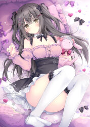 1girl black_bow black_bowtie black_hair black_skirt blush bow bowtie breasts brown_eyes closed_mouth collar commentary detached_collar dress frills hair_bow hair_ornament heart highres korie_riko long_hair looking_at_viewer lying medium_breasts no_shoes on_back original pillow pink_shirt ribbon shirt skirt solo symbol-only_commentary thighhighs thighs twintails two_side_up white_skirt white_thighhighs