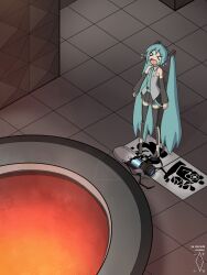 &gt;_&lt; 1girl absurdres aperture_science_advanced_knee_replacement aperture_science_emergency_intelligence_incinerator aperture_science_handheld_portal_device aqua_hair aqua_necktie artist_logo artist_name black_skin black_sleeves black_thighhighs collared_shirt colored_skin commentary crying dated detached_sleeves digiral english_commentary grey_shirt hair_ornament hatsune_miku head_tilt highres logo long_fall_boots long_hair long_sleeves miniskirt necktie open_mouth pleated_skirt portal_(series) portal_1 shirt sidelocks skirt sleeveless sleeveless_shirt solo spoilers tears thighhighs tile_floor tile_wall tiles twintails very_long_hair vocaloid wavy_mouth wide_shot wide_sleeves