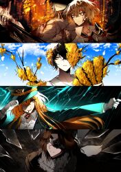 2girls 3boys absurdres arm_up black_hair blonde_hair brown_coat brown_hair cherry_oux coat collared_shirt e.g.o_(project_moon) eyepatch faust_(project_moon) flower folding_fan gloves green_jacket hand_fan heathcliff_(project_moon) highres holding holding_fan ishmael_(project_moon) jacket limbus_company long_hair long_sleeves multiple_boys multiple_girls n_corp._fanatic_(identity)_(project_moon) parted_bangs parted_lips pequod_(identity)_(project_moon) project_moon shirt sinclair_(project_moon) spicebush_(e.g.o) technology_liberation_alliance_(identity)_(project_moon) white_gloves white_shirt wide-eyed wuthering_heights_(identity)_(project_moon) yellow_eyes yellow_flower yi_sang_(project_moon)