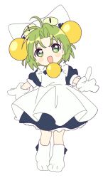 1girl :d animal_hat antenna_hair apron bell blue_bow blue_bowtie blue_dress blue_ribbon blush_stickers bow bowtie cat_girl cat_hat cat_tail commentary_request dejiko di_gi_charat dress footwear_bow full_body green_eyes green_hair hair_bell hair_ornament hair_ribbon hat highres medium_hair mittens namori neck_bell no_nose open_mouth parted_bangs paw_shoes puffy_short_sleeves puffy_sleeves ribbon shoes short_sleeves simple_background smile solo standing tail white_apron white_background white_hat white_mittens white_shoes