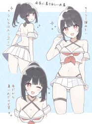 1girl ass back bare_shoulders bikini bikini_skirt black_hair breasts bright_pupils cleavage commentary_request criss-cross_halter cropped_legs detached_sleeves from_behind halterneck hand_up highres long_hair looking_at_viewer medium_breasts midriff multiple_views navel neckerchief nill_arts one_eye_closed open_mouth original ponytail red_eyes red_neckerchief sailor_bikini sailor_collar sidelocks skindentation smile stomach sweat swimsuit thigh_strap thighs translation_request white_bikini