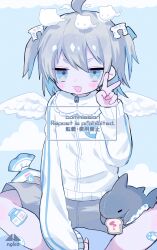 1girl :3 bag bandaid bandaid_on_leg blue_eyes blue_hair bread bread_clip bread_slice collared_jacket colored_inner_hair commentary_request commission cotono_(nazekun) fang feathered_wings feet_out_of_frame food grey_hair grey_shorts hair_between_eyes hair_ornament highres jacket lace-trimmed_shirt_collar long_sleeves medium_hair multicolored_hair open_mouth original round_collar shorts sitting skeb_commission skin_fang smile stuffed_animal stuffed_shark stuffed_toy toast two-tone_hair two_side_up v v-shaped_eyebrows watermark white_jacket white_wings wings