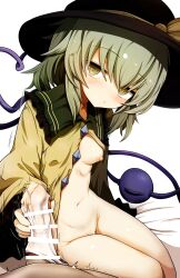 1boy 1girl absurdres bar_censor black_hat blush bottomless breasts censored closed_mouth commentary_request cum cum_in_clothes cum_through_clothes erection green_eyes green_hair hagure_kedama handjob hat heart heart-shaped_pupils heart_of_string hetero highres komeiji_koishi long_sleeves looking_at_viewer motion_lines navel nipples open_clothes open_shirt paid_reward_available panties panties_on_penis pov pov_crotch shirt short_hair small_breasts solo_focus symbol-shaped_pupils textless_version third_eye touhou underwear unworn_panties white_panties yellow_shirt