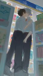 Rule 34 | 2boys, absurdres, arm up, belt, black pants, bottle, box, brown belt, brown hair, collared shirt, commentary, full body, grey hair, hand on another&#039;s chest, highres, ikari shinji, indoors, jurykooo, kiss, looking at another, male focus, multiple boys, nagisa kaworu, neon genesis evangelion, orange shirt, pants, red eyes, school uniform, shelf, shirt, shirt tucked in, shoes, short sleeves, standing, surprised, tokyo-3 middle school uniform, white shirt, white shoes, wing collar, yaoi