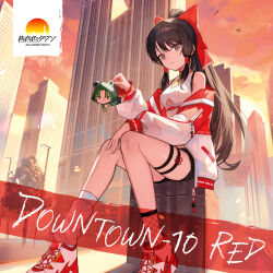 1boy 1girl akaneirotown album_cover alternate_costume alternate_hairstyle black_shorts bow breasts brown_eyes brown_hair building character_request circle_name clothing_cutout clothing_request contemporary cover green_hair hair_bow hair_tubes hakurei_reimu highres holding holding_mini_person jacket lamppost long_hair long_sleeves looking_at_viewer mini_person multicolored_jacket multicolored_shoes open_clothes open_jacket outdoors ponytail red_bow red_jacket red_shoes shoes shorts sitting skyscraper sleeveless sneakers thigh_strap thighs touhou two-tone_jacket two-tone_shoes underboob underboob_cutout very_long_hair white_jacket white_shoes xyunx zipper_pull_tab
