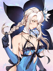 1girl alternate_hairstyle bandaged_arm bandaged_neck bandages black_gloves braid breasts commentary detached_sleeves english_commentary eyelashes flower gloves hair_flower hair_ornament highres kaine_(nier) large_breasts lingerie long_hair looking_at_viewer negligee nier nier_(series) pink_lips signature single_braid solo underwear white_flower white_hair yellow_eyes yubuki_i