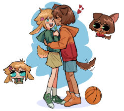 2boys animal_ears ball bandaid bandaid_on_leg basil_(faraway)_(omori) basil_(omori) basketball_(object) blonde_hair blue_eyes blue_shorts brown_hair brown_skirt chibi closed_eyes closed_mouth clover dark-skinned_male dark_skin dog_boy dog_ears dog_tail four-leaf_clover green_hoodie green_shoes heart highres hood hood_down hoodie kel_(faraway)_(omori) kel_(omori) kemonomimi_mode kiss kissing_cheek long_sleeves male_focus multiple_boys omori one_eye_closed orange_shoes rabbit_boy rabbit_ears rabbit_tail shoes short_hair shorts skirt sneakers socks tail teeth ullilya1 upper_teeth_only white_socks yaoi