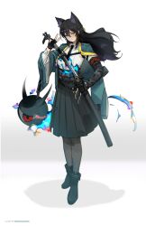 1girl absurdres animal_ear_fluff animal_ears aqua_jacket black_hair black_necktie black_pantyhose black_shoes black_skirt blunt_bangs collared_shirt eyeball fox_ears fox_girl full_body highres holding holding_sword holding_weapon hoshimi_miyabi jacket long_hair looking_at_viewer moddedjoker necktie open_clothes open_jacket pantyhose shirt shoes skirt sword tailless_(zenless_zone_zero) weapon white_shirt yellow_eyes zenless_zone_zero