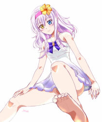 1girl artist_name bare_shoulders barefoot bow bowtie breasts double-parted_bangs dress eiyuu_densetsu feet flower_hairband foot_focus frilled_dress frills hair_between_eyes hairband hajimari_no_kiseki heterochromia kai_no_kiseki knees kuro_no_kiseki_(series) lapis_rosenberg long_hair sidelocks simple_background sleeveless sleeveless_dress small_breasts solo white_background white_hair xiacheng_tatsuya