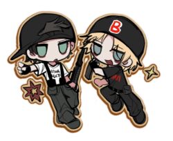 2boys :d :o animification backwards_hat baggy_pants baseball_cap belt black_belt black_gloves black_hair black_hat black_pants black_shirt black_shoes blonde_hair blue_eyes brown_outline chibi chibi_only clothes_writing dylan_klebold english_text eric_harris fingerless_gloves full_body gloves green_eyes gun hat holding holding_gun holding_weapon jitome looking_at_viewer male_focus multiple_boys no_pupils open_mouth outline pants real_life shirt shoes short_hair simple_background single_fingerless_glove single_glove smile sparkle standing suspenders t-shirt weapon white_background white_shirt xipenco