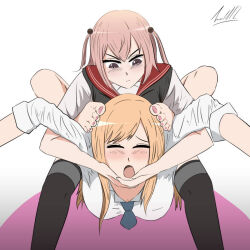 Rule 34 | 2girls, barefoot, black thighhighs, blonde hair, blush, feet, female focus, hair between eyes, inui sajuna, kitagawa marin, legs, long hair, multiple girls, necktie, open mouth, pink hair, pulling another&#039;s clothes, simple background, sono bisque doll wa koi wo suru, tagme, thighhighs, toes, tongue, wrestling