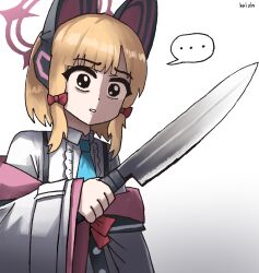 Rule 34 | ..., 1girl, absurdres, animal ear headphones, animal ears, artist name, blonde hair, blue archive, blue necktie, bow, cat ear headphones, commentary request, death momoi (meme), fake animal ears, gradient background, hair bow, halo, headphones, highres, holding, holding knife, jacket, kai xin, kitchen knife, knife, long sleeves, meme, momoi (blue archive), necktie, parted lips, pink halo, red bow, shirt, short hair, solo, speech bubble, spoken ellipsis, upper body, white background, white jacket, white mouth, white shirt
