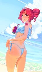 1girl absurdres alternate_costume ass beach bikini blue_sky blush can cloud cumulonimbus_cloud dark_skin day drill_hair drinking_straw feet_out_of_frame highres holding holding_can kasane_teto layered_bikini lo_thaam looking_ahead looking_back number_tattoo ocean red_eyes red_hair red_tattoo shoulder_tattoo sky solo sweat swimsuit tan tattoo twin_drills utau white_bikini