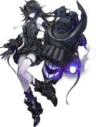 10s 1girl abyssal_ship akira_(kadokawa) black_boots black_dress black_gloves black_hair boots covered_eyes dress female_focus full_body gloves horns kantai_collection light_cruiser_princess long_hair machinery mask official_art pale_skin short_dress solo torpedo transparent_background white_background