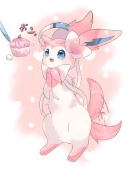 blue_eyes blush bow creatures_(company) cupcake fang food game_freak gen_6_pokemon heart highres lvli_x2 nintendo no_humans open_mouth pokemon pokemon_(creature) ribbon smile solo standing sylveon tail tail_wagging