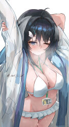 1girl absurdres arknights between_breasts bikini black_hair breasts chinese_commentary cleavage closed_mouth coat commentary_request frilled_bikini frills grey_coat grey_eyes hair_between_eyes hair_ornament hairclip highres la_pluma_(arknights) la_pluma_(summer_flowers)_(arknights) lanyard large_breasts looking_at_viewer official_alternate_costume one_eye_closed short_hair simple_background solo steaming_body stretching sweat swimsuit tabula_rasa_(user_mvre4483) variant_set white_background white_bikini