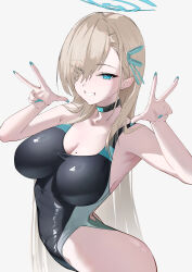 1girl absurdres alternate_costume asuna_(blue_archive) black_choker black_one-piece_swimsuit blonde_hair blue_archive blue_eyes blue_nails blue_ribbon breasts choker commentary double_w eyes_visible_through_hair grin hair_over_one_eye hair_ribbon highleg highleg_one-piece_swimsuit highres katagiri_nanoka long_hair looking_at_viewer mole mole_on_breast one-piece_swimsuit ribbon sidelocks smile solo swimsuit w