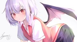1girl alternate_costume bat_wings black_skirt blush closed_mouth commentary_request cowboy_shot highres hyurasan looking_at_viewer pink_sweater_vest purple_hair red_eyes remilia_scarlet school_uniform shirt short_hair short_sleeves signature simple_background skirt solo sweater_vest touhou white_background white_shirt wings