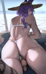 1boy 2025 absurdres androgynous ass ass_focus back bare_shoulders beach beach_mat bikini bikini_bottom_aside blurry blurry_foreground bracelet closed_mouth clothing_aside come_hither commentary crossdressing day dragalia_lost elbow_rest feet_out_of_frame foreshortening foreskin half-closed_eyes hat highres jewelry leg_up low-braided_long_hair low-tied_long_hair low_ponytail lying male_focus mole mole_under_mouth norwin_(dragalia_lost) ocean on_stomach outdoors parasol phimosis ponytail pov presenting purple_hair rabbit_ears seductive_smile shore shoulder_blades small_penis smile solo straw_hat sweat swimsuit thighs trap umbrella white_bikini yellow_eyes ziv_zivy