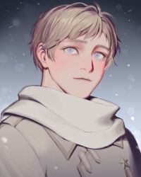 1boy absurdres axis_powers_hetalia blonde_hair closed_mouth coat collared_coat commentary_request gradient_background grey_background grey_coat highres huacai looking_at_viewer male_focus medal purple_eyes russia_(hetalia) scarf short_hair smile snowing solo star_ornament upper_body white_scarf