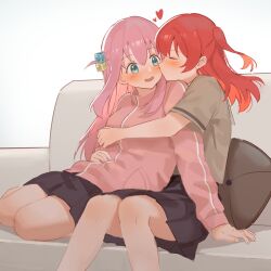 2girls black_skirt blush bocchi_the_rock! brown_shirt closed_eyes commentary_request cube_hair_ornament gotoh_hitori hair_ornament hug jacket kiss kissing_cheek kita_ikuyo long_hair milktea_(gggrrr2000) multiple_girls one_side_up open_mouth pink_hair pink_jacket pleated_skirt red_hair school_uniform shirt shuka_high_school_uniform skirt yuri