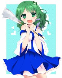Rule 34 | 1girl, bare shoulders, blush, detached sleeves, female focus, gohei, green eyes, green hair, haraegushi, heart, heart-shaped pupils, kochiya sanae, matching hair/eyes, oonusa, open mouth, snake, solo, symbol-shaped pupils, touhou, uguisu mochi (ykss35)