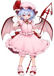 1girl :d bloomers blue_hair blush bow collared_shirt commentary_request fangs footwear_bow frilled_shirt_collar frills full_body hat hat_ribbon highres holding holding_polearm holding_weapon looking_at_viewer mikan_(manmarumikan) open_mouth pink_bloomers pink_hat pink_shirt pink_skirt polearm puffy_short_sleeves puffy_sleeves red_bow red_eyes red_ribbon remilia_scarlet ribbon shirt short_hair short_sleeves simple_background skirt smile solo spear_the_gungnir standing touhou underwear weapon white_background