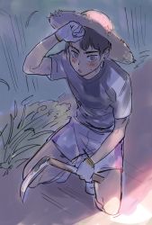 1boy bare_arms bare_legs bikkusama brown_eyes brown_hair dirt eyebrows garden gloves grass haikyuu!! hair_between_eyes hat highres hoe light_blush looking_at_viewer male_focus open_mouth pale_skin shirt shirts short_hair short_sleeves sketch solo solo_focus squatting straw_hat sweat t-shirt ushijima_wakatoshi wiping_sweat