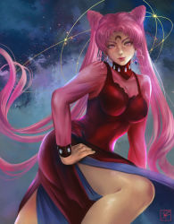 Rule 34 | 1990s (style), 1girl, bishoujo senshi sailor moon, bishoujo senshi sailor moon r, black lady (sailor moon), breasts, chibi usa, cleavage, cone hair bun, crescent, crescent facial mark, crystal earrings, double bun, dress, earrings, facial mark, female focus, hair bun, hand on own hip, jewelry, large breasts, long hair, pink dress, pink eyes, pink hair, retro artstyle, sky, solo, star (sky), starry sky, twintails, very long hair, washuu, watermark