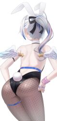 1girl alternate_costume amane_kanata angel_wings animal_ears ass black_leotard black_ribbon blue_hair blue_jacket blue_nails fake_animal_ears fake_tail feathered_wings fishnet_pantyhose fishnets from_behind grey_hair hair_ribbon hands_on_own_hips hololive jacket leotard long_sleeves mini_wings multicolored_hair nail_polish pantyhose pink_hair playboy_bunny rabbit_ears rabbit_tail ribbon simple_background solo streaked_hair tail tojo_aoi two-sided_fabric two-sided_jacket virtual_youtuber white_background white_jacket white_wings wings