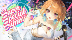 1girl :d arm_strap bandeau bare_shoulders blue_nails blurry blurry_background breasts cleavage collarbone colored_inner_hair commentary concert copyright_notice dayshiart english_commentary feathers fingerless_gloves gloves gradient_hair green_feathers green_hair hand_up hands_up highres holding holding_microphone_stand hololive hololive_english large_breasts long_hair looking_at_viewer microphone_stand midriff multicolored_hair nail_polish navel official_art open_mouth orange_hair orange_nails pants platform_heels purple_eyes second-party_source shoes smile solo takanashi_kiara teeth upper_teeth_only virtual_youtuber white_bandeau white_gloves white_pants white_shoes