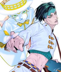 Rule 34 | 1boy, 1other, bag, belt, bow, bowtie, brown belt, coat, coicoi33, colored skin, commentary request, crop top, cropped jacket, diamond wa kudakenai, earrings, fingernails, green eyes, green hair, green headband, green shirt, hat, headband, heaven&#039;s door, highres, holding, holding bag, jacket, jewelry, jojo no kimyou na bouken, kishibe rohan, long coat, long sleeves, looking at viewer, male focus, midriff, navel, pants, parted lips, see-through clothes, shirt, short hair, shoulder bag, signature, smile, stand (jojo), teeth, white background, white coat, white hat, white jacket, white pants, white skin, yellow bow, yellow bowtie