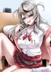 Rule 34 | 1girl, absurdres, belt, black belt, black choker, black hair, blush, breasts, choker, clock, commentary request, digital clock, earrings, grey hair, hair ornament, hairpin, highres, hololive, jewelry, large breasts, long hair, multicolored hair, nail polish, o-ring, o-ring choker, official alternate costume, open mouth, red eyes, red nails, sakamata chloe, sakamata chloe (gyarumata), shirt, smile, solo, streaked hair, taichi8882, two side up, virtual youtuber, white shirt, x hair ornament