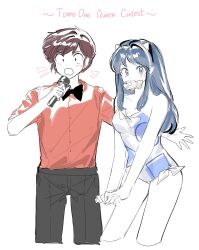 Rule 34 | 1boy, 1girl, 88 77k, black bow, black bowtie, black pants, bow, bowtie, collarbone, cone horns, couple, food, highres, holding, holding food, holding microphone, horns, leotard, long hair, looking at viewer, lum, microphone, moroboshi ataru, mouth hold, music, pants, pointy ears, red shirt, shirt, short hair, side-tie leotard, sidelocks, singing, strapless, strapless leotard, taiyaki, urusei yatsura, wagashi