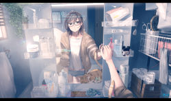 1girl arm_support artist_name bathroom bottle boyshort_panties brown_cardigan brown_hair cardigan cat clock closed_mouth collarbone commentary_request contact_lens_case contrapposto day digital_clock electrical_outlet expressionless female_focus frown glasses hair_brush hair_dryer hair_ornament hair_scrunchie hair_spray hairclip indoors ivy letterboxed light_particles long_sleeves looking_at_mirror maeda_mic messy_hair mirror morning muted_color open_cardigan open_clothes original perfume_bottle plant potted_plant revision scrunchie shirt short_hair solo standing sunlight temperature tissue_box toothbrush toothpick towel towel_rack unworn_scrunchie white_shirt