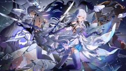 1boy 2girls absurdres backless_dress backless_outfit broken_glass closed_mouth dress dual_persona floating_hair genshin_impact glass grey_hair guaisanmu hair_ornament highres holding holding_sword holding_weapon long_hair looking_at_viewer multiple_girls prosthesis prosthetic_arm prosthetic_leg red_eyes skirk_(genshin_impact) sword tartaglia_(genshin_impact) very_long_hair weapon white_dress