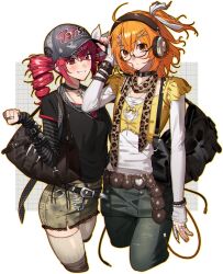 2girls a.i._voice adachi_rei adjusting_clothes adjusting_headwear ahoge alternate_costume animal_print arm_warmers bag baseball_cap belt black_arm_warmers black_bag black_belt black_collar black_shirt blush bow bracelet breasts cable cellphone claw_ring clenched_hand closed_mouth collar collarbone compression_sleeve cowboy_shot cropped_legs cropped_shirt cross cross_necklace denim denim_skirt double-parted_bangs drill_hair expressionless fingernails flat_chest floating_hair glasses grey_armor grey_background grey_pants grin hair_bow hair_ornament hair_ribbon hairclip hand_up hashtag hat headphones highres jeans jewelry kasane_teto kasane_teto_(sv) leopard_print looking_at_viewer medium_breasts miniskirt mqiii9 multiple_girls necklace orange_eyes orange_hair pants phone red_eyes red_nails ribbed_thighhighs ribbon ring shirt short_sleeves shoulder_bag side_ponytail skirt sleeves_past_wrists smile star_(symbol) star_hair_ornament star_in_eye stole striped_arm_warmers symbol_in_eye synthesizer_v thighhighs torn_clothes torn_hat torn_jeans torn_pants twin_drills utau white_background white_bow white_ribbon white_thighhighs white_undershirt yellow_shirt yellow_stole