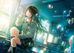 1girl black_hair black_socks blowing_bubbles bubble classroom commentary curtains desk dutch_angle floating_hair hanekoto kneehighs leg_up on_desk original plaid_clothes plaid_skirt sailor_collar school_desk school_uniform serafuku shoes sitting skirt socks symbol-only_commentary twitter_username uwabaki white_sailor_collar window
