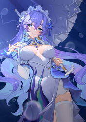 Rule 34 | 1girl, absurdres, blue eyes, blue flower, breasts, breasts apart, bubble, cantarella (wuthering waves), chinese commentary, closed mouth, commentary request, covered navel, cowboy shot, dress, earrings, facial mark, flower, hair between eyes, hair flower, hair ornament, hand up, headdress, highres, holding, holding umbrella, huahu (unstoppable), jewelry, large breasts, looking at viewer, mark under eye, nail polish, partial commentary, purple nails, purple umbrella, shrug (clothing), smile, solo, thighhighs, thighs, umbrella, white dress, white shrug, white thighhighs, wuthering waves