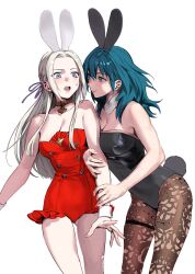 2girls animal_ears bare_shoulders black_leotard blue_eyes blue_hair breasts brown_pantyhose commentary_request detached_collar edelgard_von_hresvelg fake_animal_ears female_byleth_(fire_emblem) fire_emblem fire_emblem:_three_houses hair_ribbon highres leotard lips long_hair looking_at_another multiple_girls nintendo pantyhose papipupepo4989 pink_lips playboy_bunny purple_eyes purple_ribbon rabbit_ears rabbit_tail red_leotard ribbon simple_background strapless strapless_leotard sweatdrop tail white_background white_hair wrist_cuffs yuri