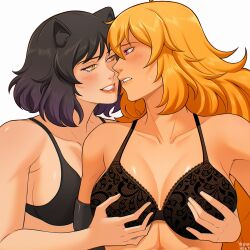 Rule 34 | 2girls, animal ears, artist name, black bra, black hair, blake belladonna, blonde hair, blush, bra, breasts, cat ears, cleavage, grabbing another&#039;s breast, groping, highres, lipstick, long hair, looking at another, makeup, medium breasts, multiple girls, prosthesis, prosthetic arm, purple eyes, rwby, short hair, smile, underwear, yang xiao long, yellow eyes, yellow nicky, yuri