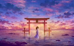 1girl arms_at_sides au_ito bare_arms bird blue_clouds breasts brown_eyes brown_hair choppy_bangs closed_mouth cloud cloudy_sky colorful dress evening flood from_side highres hill horizon light_smile ocean original pink_clouds rock scenery short_hair sidelocks sky sleeveless sleeveless_dress small_breasts solo star_(sky) starry_sky steam torii turning_head wading walking white_dress wide_shot