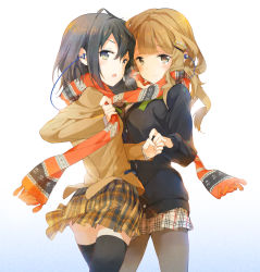 2girls :o ahoge ass black_hair black_legwear blazer blush brown_eyes brown_hair cardigan cowboy_shot earphones from_side hair_between_eyes hair_ornament hairclip holding_hands jacket long_hair long_sleeves looking_at_viewer looking_back multiple_girls orange_scarf original pantyhose parted_lips plaid_clothes plaid_skirt pleated_skirt scarf school_uniform shared_clothes shared_earphones shared_scarf skirt striped_clothes striped_scarf tears thighhighs tiv yuri