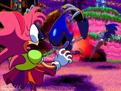1girl 2boys amy_rose animal_ears armor black_eyes blue_armor blue_fur collision_chaos furry furry_female furry_male gloves headband hedgehog hedgehog_girl highres joints jumping metal_sonic multiple_boys pepijuan pink_fur pink_hair red_shoes red_skirt robot robot_joints scared shoes skirt sonic_(series) sonic_the_hedgehog spikes