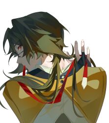Rule 34 | 1boy, absurdres, bridal gauntlets, brown hair, from behind, glasses, hair down, highres, long hair, looking at viewer, looking back, male focus, miyouer919, mouth hold, nape, portrait, red eyes, red ribbon, ribbon, simple background, solo, white background, ye shiyuan, zenless zone zero